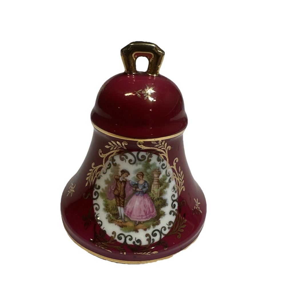 LIMOGES FRANCE GOLD TRIMMED BURGUNDY‎ BELL WITH COURTING COUPLE SCENE 4"